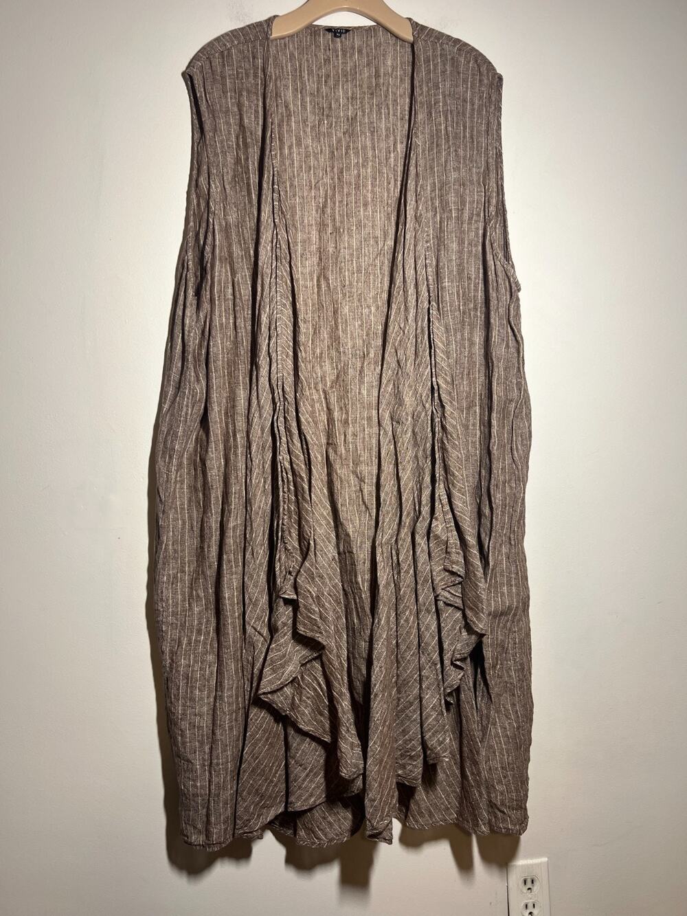 Vivid EUC Brown Stripe 100% Linen Long Open Duster Jacket Lagenlook Size 4X